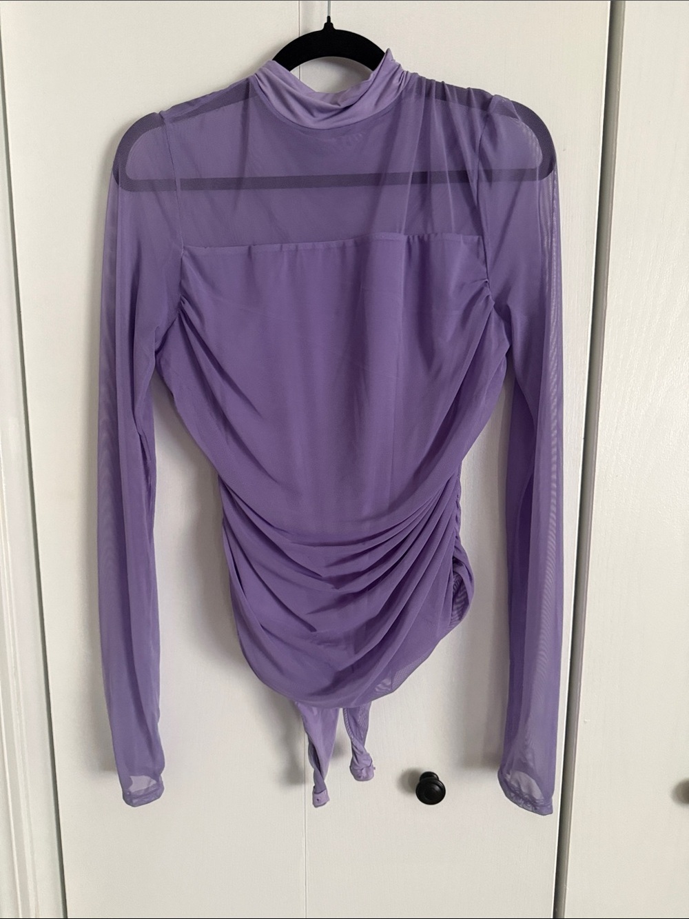 Mock Neck Ruched Sheer Long-Sleeve Bodysuit - Lavender Sz XL